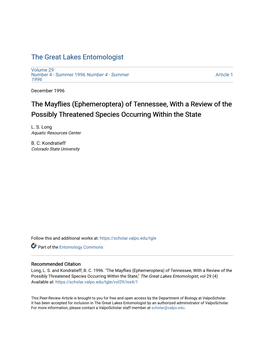 The Mayflies (Ephemeroptera) of Tennessee, with a Review of the Possibly Threatened Species Occurring Within the State