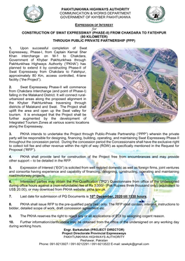 For CONSTRUCTION of SWAT EXPRESSWAY (PHASE-II) from CHAKDARA to FATEHPUR (80 KILOMETER) THROUGH PUBLIC PRIVATE PARTNERSHIP (PPP)