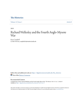 Richard Wellesley and the Fourth Anglo-Mysore War Ryan Campbell La Salle University, Campbellr16@Student.Lasalle.Edu