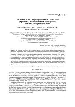 Distribution of the European Green Lizard, Lacerta Viridis (Squamata: Lacertidae), in the Czech Republic: Real Data and a Predictive Model