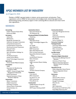 APQC MEMBER LIST by INDUSTRY As of August 31, 2015