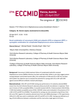 Novel Combination of Vancomycin (VAN) and Cefazolin (CFZ) Or Ertapenem (ERT): a Synergistic Combination for Complicated Staphylococcus Aureus Bacteraemia