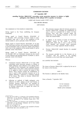 COMMISSION DECISION of 7 September 2007 Amending