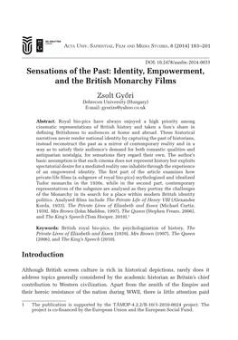 Identity, Empowerment, and the British Monarchy Films Zsolt Győri Debrecen University (Hungary) E-Mail: Gyorizs@Yahoo.Co.Uk