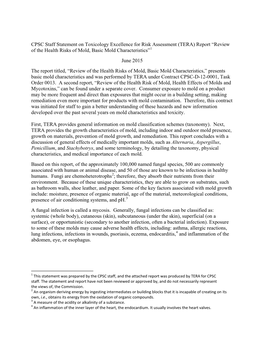 CPSC Staff Statement on Toxicology Excellence for Risk Assessment (TERA) Report “Review of the Health Risks of Mold, Basic Mold Characteristics”1 June 2015