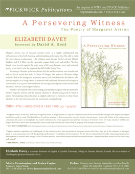 A Persevering Witness T He Poetry of Margaret Avison