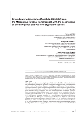 Groundwater Oligochaetes (Annelida, Clitellata) from the Mercantour National Park (France), with the Descriptions of One New Genus and Two New Stygobiont Species