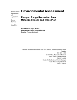 Environmental Assessment Department of Agriculture Rampart Range Recreation Area Forest Motorized Roads and Trails Plan Service