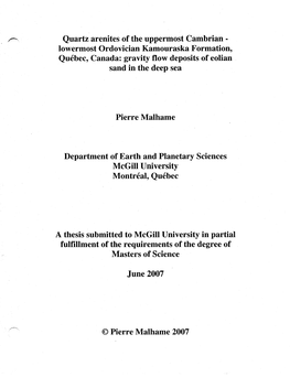 Quartz.Arenites of the Uppermost Cambrian- Lowermost Ordovician Kamouraska Formation, Québec, Canada: Gravit Y Flow Deposits Of
