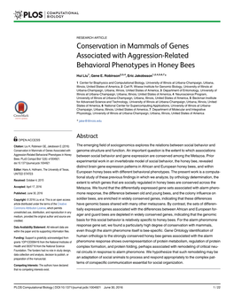 Conservation in Mammals of Genes Associated with Aggression-Related Behavioral Phenotypes in Honey Bees