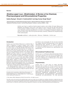 Streblus Asper Lour. (Shakhotaka): a Review of Its Chemical, Pharmacological and Ethnomedicinal Properties