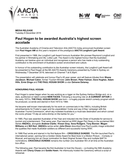 Paul Hogan to Be Awarded Australia's Highest Screen Accolade