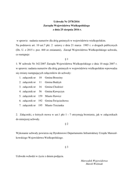 Uchwała Nr 2578/2016 Zarządu Województwa Wielkopolskiego Z Dnia 25 Sierpnia 2016 R