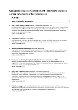 Goedgekeurde Projecten Reglement Toeristische Impulsen - Oproep Infrastructuur & Evenementen A
