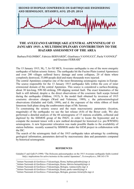 The Avezzano Earthquake (Central Apennines) of 13 January 1915: a Multidisciplinary Contribution to the Hazard Assessment of the Area