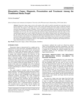 Dissociative Fugue: Diagnosis, Presentation and Treatment Among the Traditional Shona People