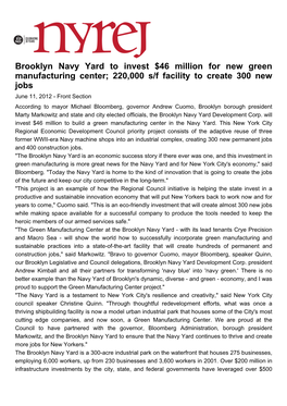Brooklyn Navy Yard to Invest $46 Million for New Green
