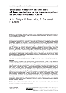 Seasonal Variation in the Diet of Two Predators in an Agroecosystem in Southern–Central Chile