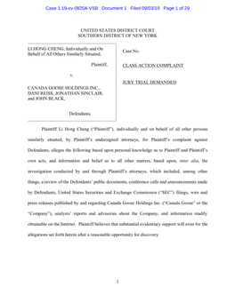 Li Hong Cheng, Et Al. V. Canada Goose Holdings Inc., Et Al. 19-CV