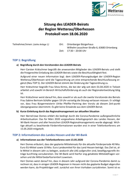 Sitzung Des LEADER-Beirats Der Region Wetterau/Oberhessen Protokoll Vom 18.06.2020
