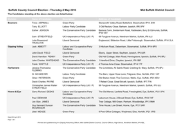 Suffolk County Council Election - Thursday 2 May 2013 Mid Suffolk District Council the Candidates Standing at the Above Election Are Listed Below