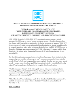 Doc Nyc Announces Short Lists for Features and Shorts Plus Complete Slate for Winner’S Circle