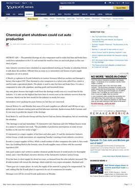 Chemical Plant Shutdown Could Cut Auto Production