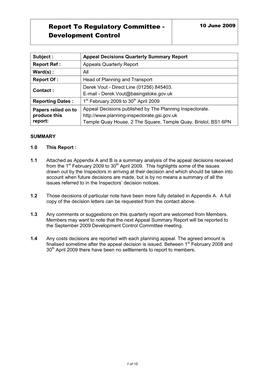 Report to Regulatory Committee - 10 June 2009 Development Control