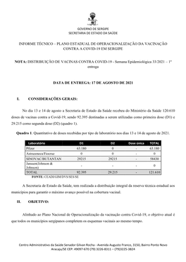 NOTA: DISTRIBUIÇÃO DE VACINAS CONTRA COVID-19 - Semana Epidemiológica 33/2021 – 1º Entrega