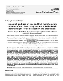 (Garcinia Kola Heckel) in Benin: Insight for Domestication and Production