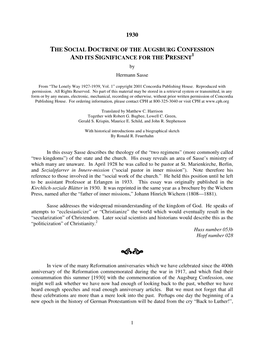 The Social Doctrine of the Augsburg Confession and Its Significance For