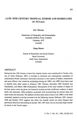 Late 19Th Century Tropical Storms and Hurricanes in Tuvalu