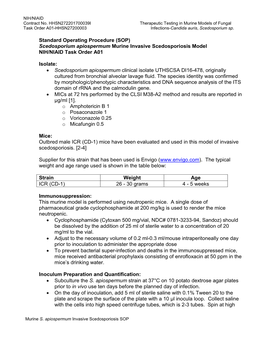 Scedosporium Apiospermum Murine Invasive Scedosporiosis Model NIH/NIAID Task Order A01