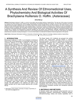 A Synthesis and Review of Ethnomedicinal Uses, Phytochemistry and Biological Activities of Brachylaena Huillensis O. Hoffm. (Asteraceae)