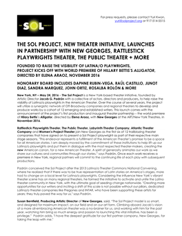 The Sol Project, New Theater Initiative, Launches in Partnership with New Georges, Rattlestick Playwrights Theater, the Public Theater + More