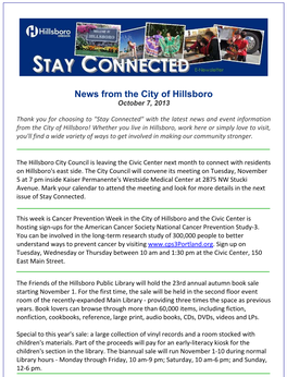 News from the City of Hillsboro October 7, 2013