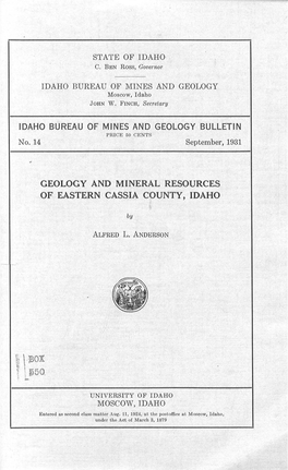 Geology and Mineral Resources of Eastern Cassia County, Idaho