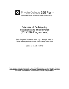 Schedule of Participating Institutions and Tuition Rates (2019/2020 Program Year)