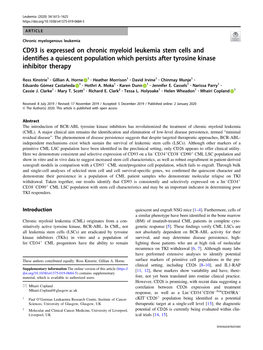 CD93 Is Expressed on Chronic Myeloid Leukemia Stem Cells and Identiﬁes a Quiescent Population Which Persists After Tyrosine Kinase Inhibitor Therapy