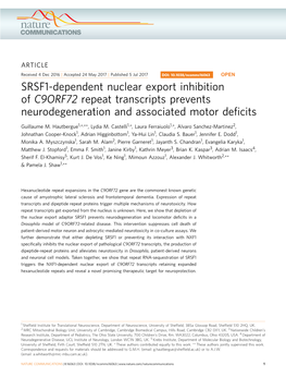 SRSF1-Dependent Nuclear Export Inhibition of C9ORF72 Repeat Transcripts Prevents Neurodegeneration and Associated Motor Deﬁcits