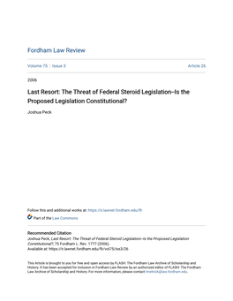Last Resort: the Threat of Federal Steroid Legislation--Is the Proposed Legislation Constitutional?