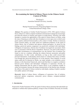 Re-Examining the Spiral of Silence Theory in the Chinese Social Context of Weibo