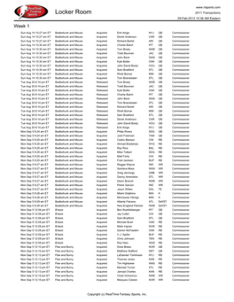 Locker Room 2011 Transactions 29-Feb-2012 10:36 AM Eastern Week 1