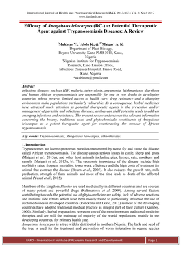 Efficacy of Anogeissus Leiocarpus (DC.) As Potential Therapeutic Agent Against Trypanosomiasis Diseases: a Review