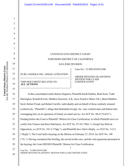 In Re Google Inc. Gmail Litigation