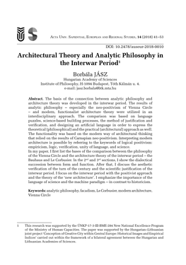 Architectural Theory and Analytic Philosophy in the Interwar Period1