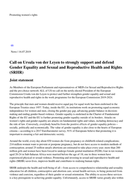 Call on Ursula Von Der Leyen to Strongly Support and Defend Gender Equality and Sexual and Reproductive Health and Rights (SRHR)