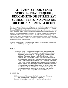 2016-2017 School Year: Schools That Require, Recommend Or Utilize Sat Subject Tests in Admission Or for Placement/Credit