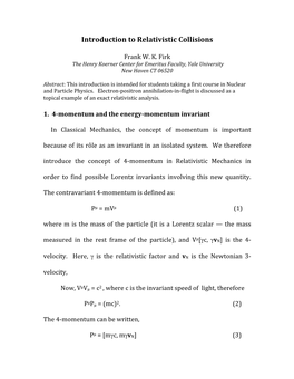 Introduction to Relativistic Collisions