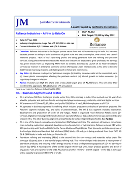 Reliance Industries – a Firm to Rely on  BUY Target: ₹2,200 by May 2022